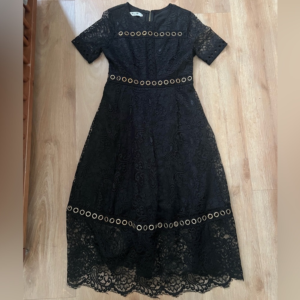 Chic Black Lace Midi Dress with Gold Accents